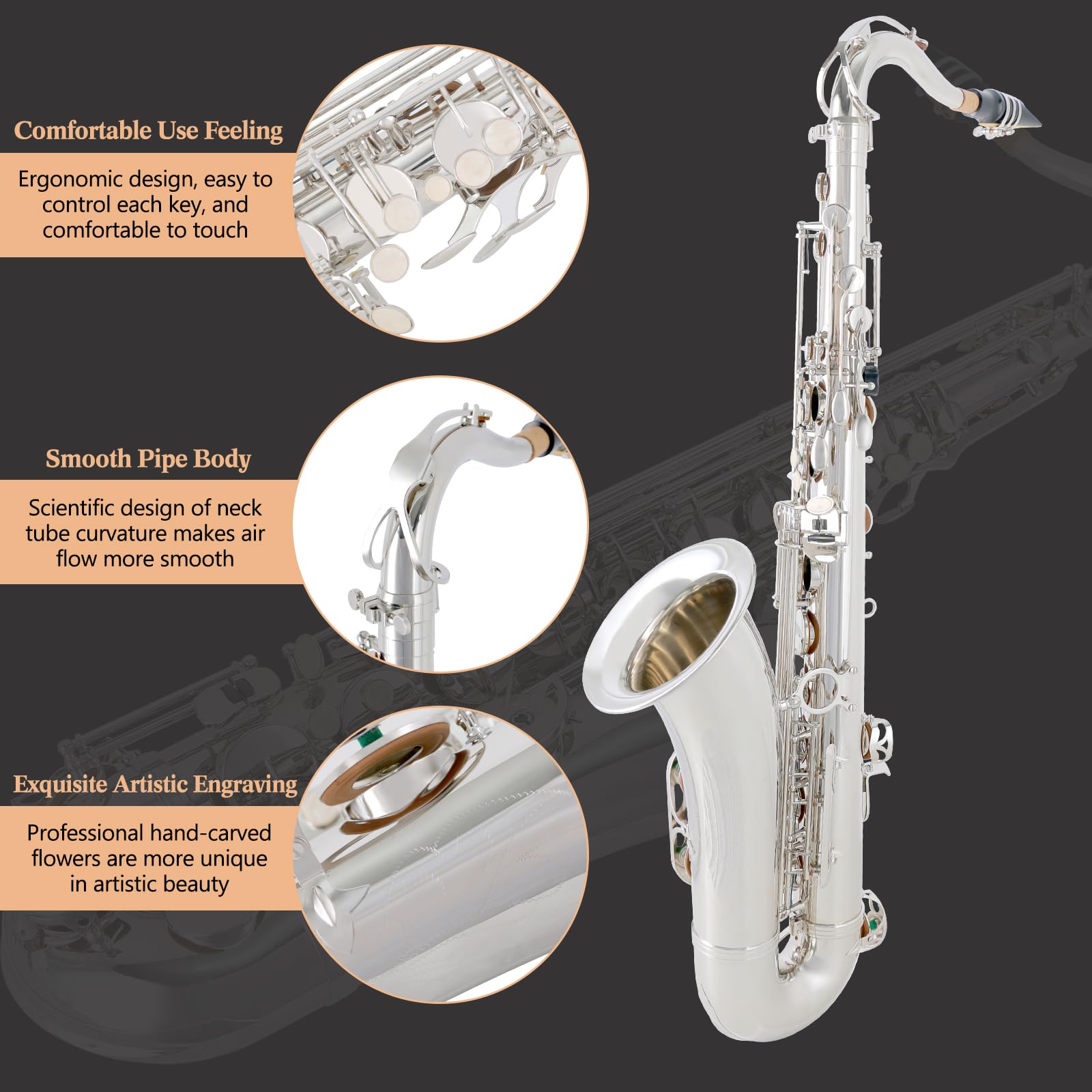 EASTROCK Nickel Tenor Saxophone B Flat Tenor Sax Professional Tenor Saxophone for Beginners Students Kids and Musicians with Car